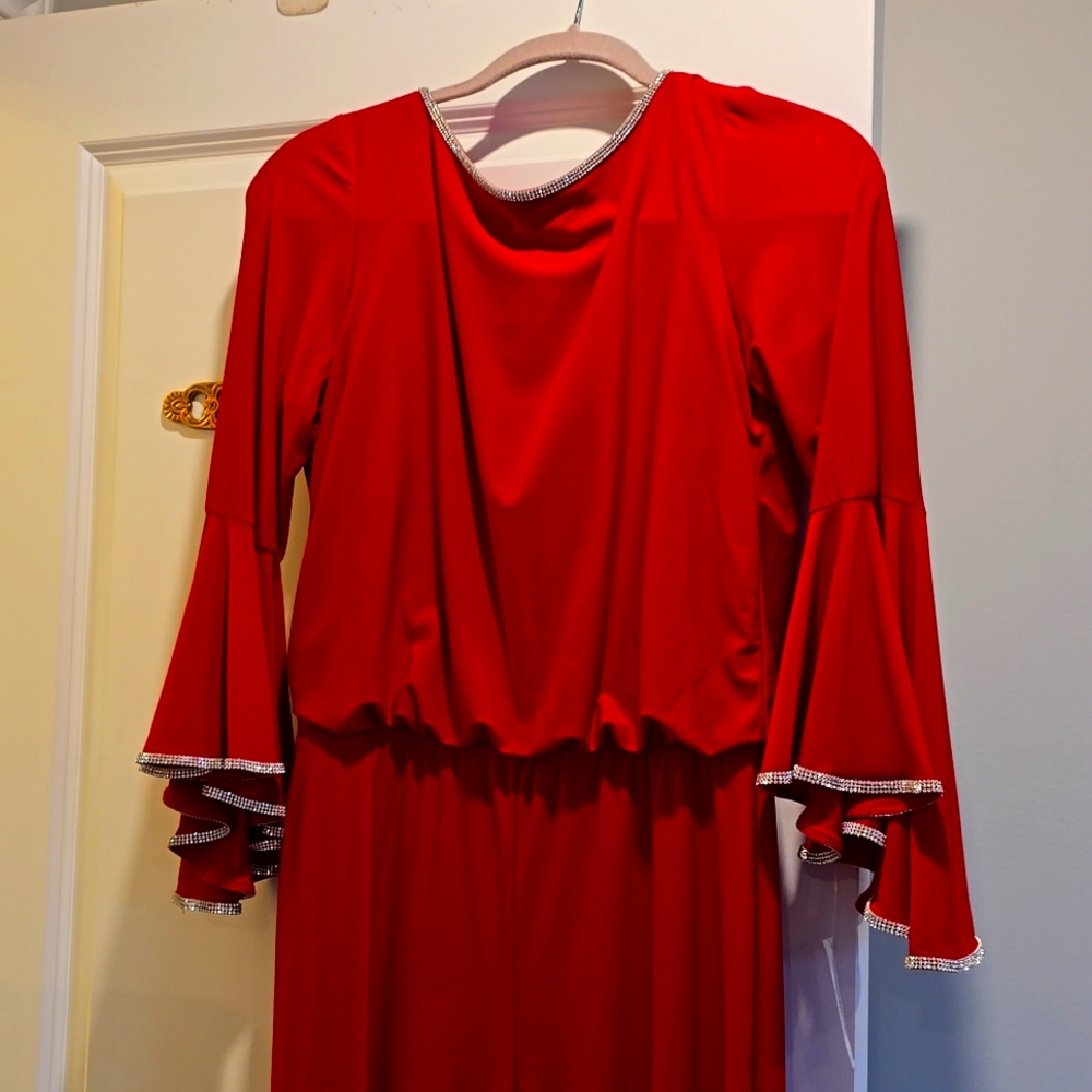 Red stretch dress jumpsuit with rhinestone trim, size S